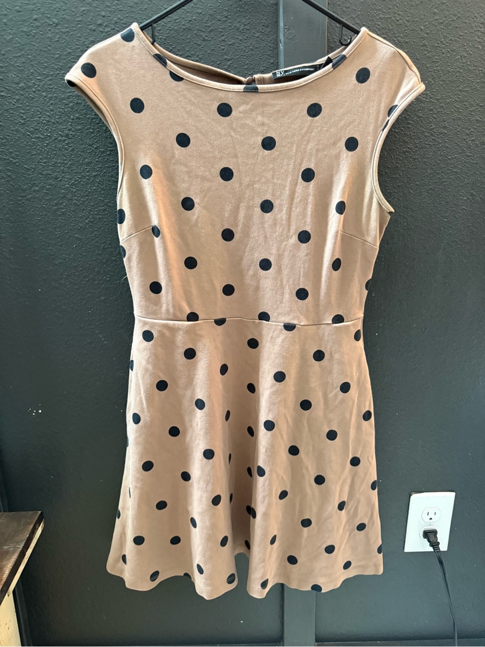 New York & Company Tan Mini Dress with Black Polka Dots